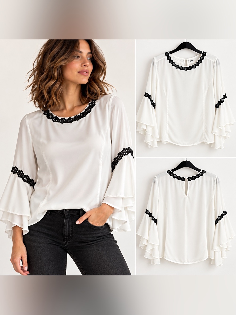 Nanette Nanette Lepore White Black Lace Bell Sleeve Blouse XL